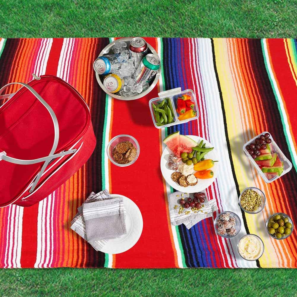 OurWarm 84 X 59 Inch Mexican Tablecloth Serape Blanket, Upgraded Mexican Blankets with Pom Pom Trim for Mexican Party Wedding Cinco De Mayo Fiesta Decorations, Large Outdoor Fiesta Table Cover Picnic