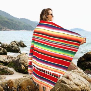 OurWarm 84 X 59 Inch Mexican Tablecloth Serape Blanket, Upgraded Mexican Blankets with Pom Pom Trim for Mexican Party Wedding Cinco De Mayo Fiesta Decorations, Large Outdoor Fiesta Table Cover Picnic