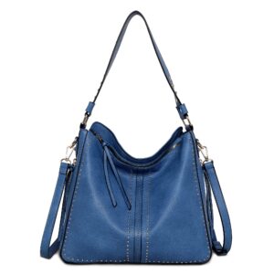 large hobo handbag for women studded leather shoulder bag with crossbody strap mwc-1001 blue