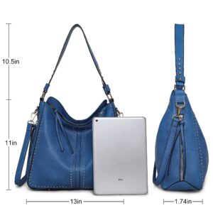 Large Hobo Handbag for Women Studded Leather Shoulder Bag With Crossbody Strap MWC-1001 BLUE