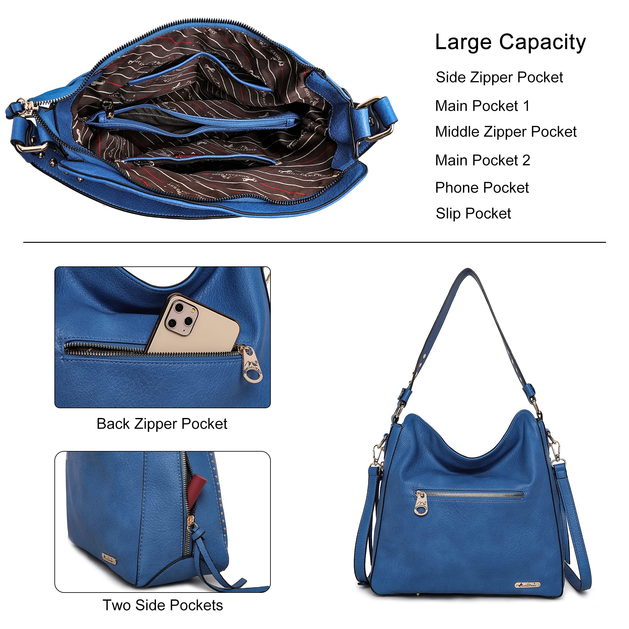 Large Hobo Handbag for Women Studded Leather Shoulder Bag With Crossbody Strap MWC-1001 BLUE