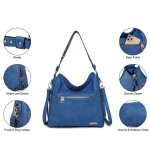 Large Hobo Handbag for Women Studded Leather Shoulder Bag With Crossbody Strap MWC-1001 BLUE