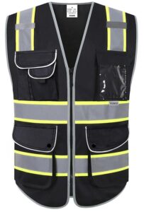 xiake 9 pockets high visibility safety vest black with 2 inch dual tone reflective strips - yellow trim, zipper front, ansi standards, large