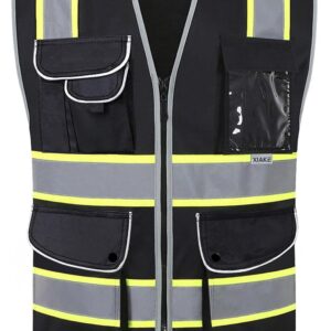 XIAKE 9 Pockets High Visibility Safety Vest Black with 2 Inch Dual Tone Reflective Strips - Yellow Trim, Zipper Front, ANSI Standards, Large