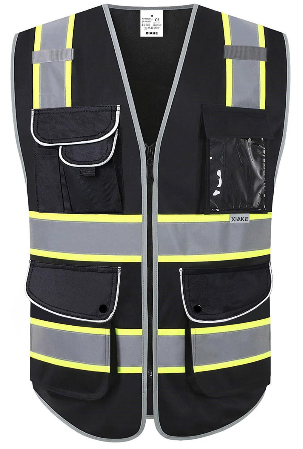 XIAKE 9 Pockets High Visibility Safety Vest Black with 2 Inch Dual Tone Reflective Strips - Yellow Trim, Zipper Front, ANSI Standards, Large