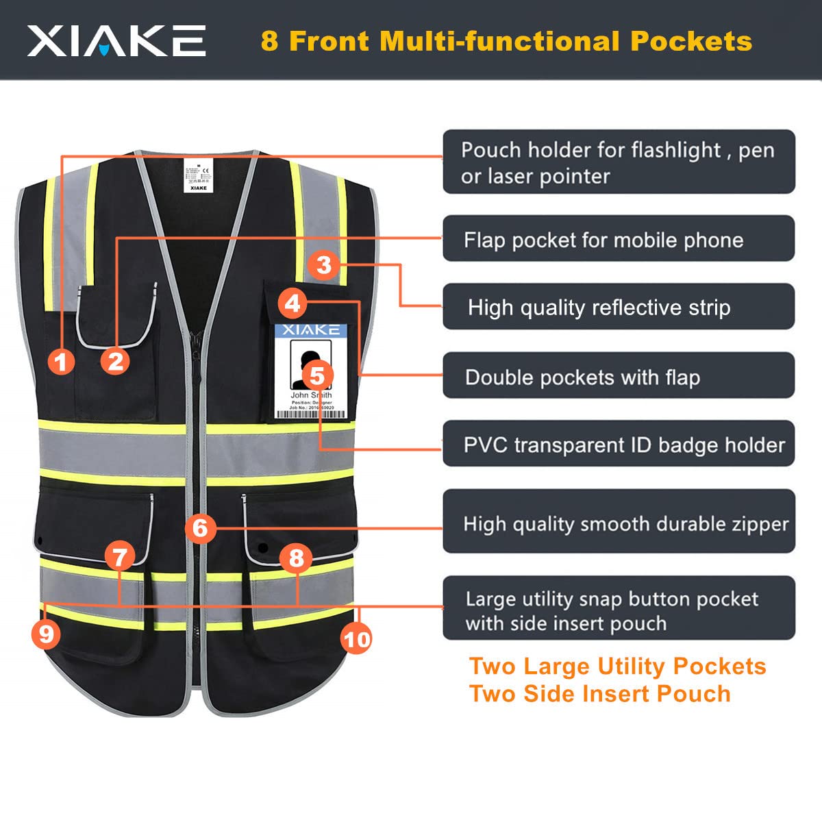 XIAKE 9 Pockets High Visibility Safety Vest Black with 2 Inch Dual Tone Reflective Strips - Yellow Trim, Zipper Front, ANSI Standards, Large