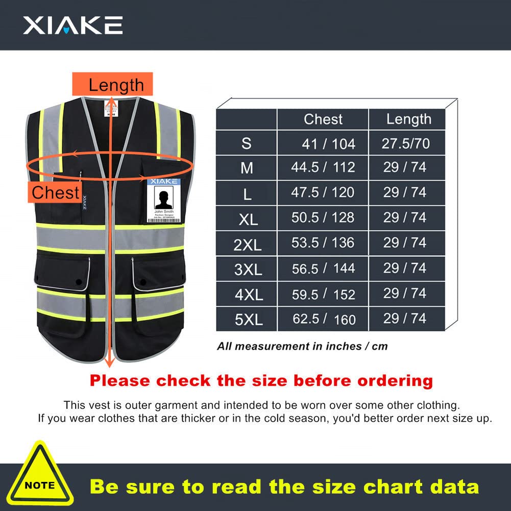 XIAKE 9 Pockets High Visibility Safety Vest Black with 2 Inch Dual Tone Reflective Strips - Yellow Trim, Zipper Front, ANSI Standards, Large