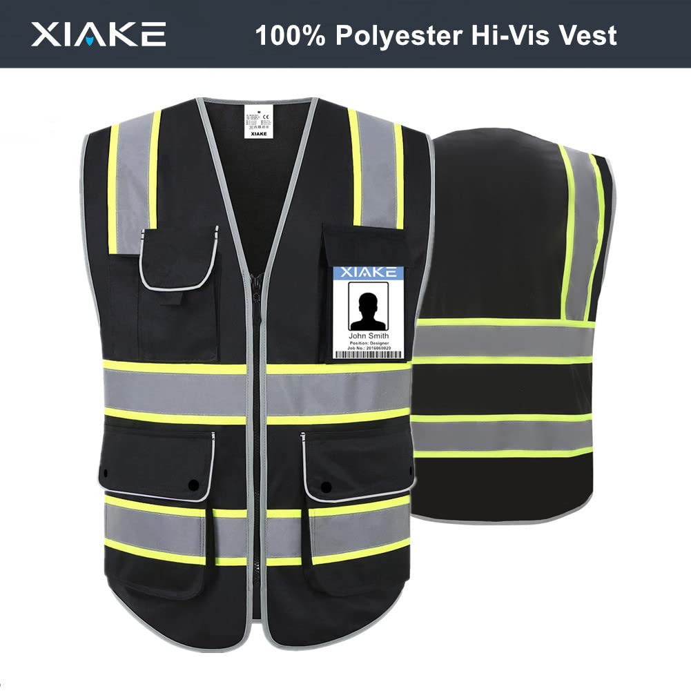 XIAKE 9 Pockets High Visibility Safety Vest Black with 2 Inch Dual Tone Reflective Strips - Yellow Trim, Zipper Front, ANSI Standards, Large