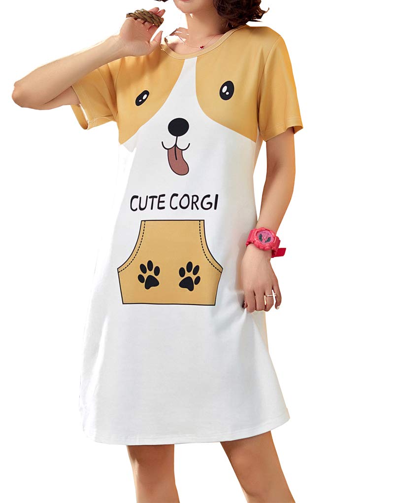 Hupohoi Big Girls' Cute Cartoon Sleepshirt Lovely Corgi Nightgowns Summer Sleepwear Corgi 14(US 11-13 Years)