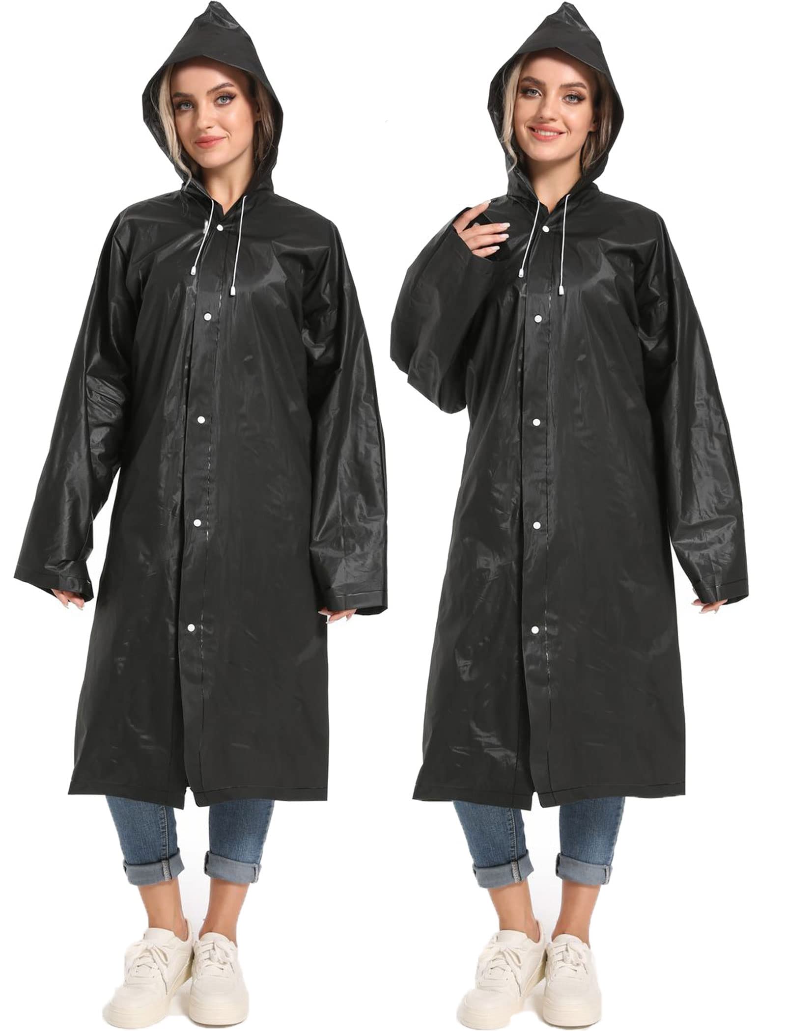 Borogo Rain Ponchos for Adults Reusable 2Pcs Raincoats Emergency Survival With Hoods And Sleeves for Women Men Black