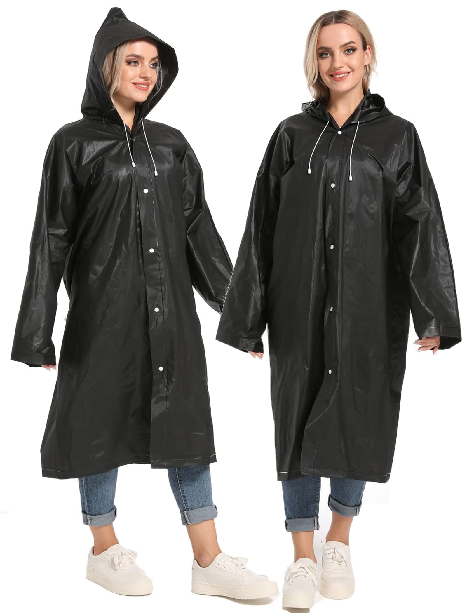 Borogo Rain Ponchos for Adults Reusable 2Pcs Raincoats Emergency Survival With Hoods And Sleeves for Women Men Black