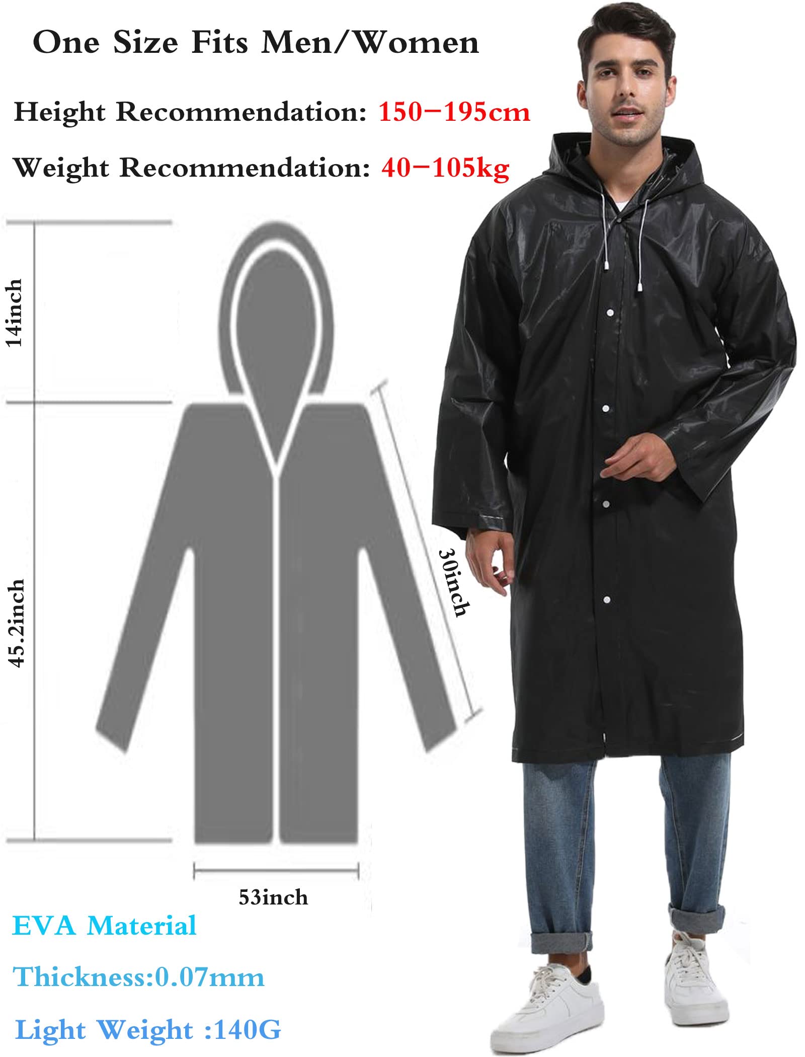 Borogo Rain Ponchos for Adults Reusable 2Pcs Raincoats Emergency Survival With Hoods And Sleeves for Women Men Black