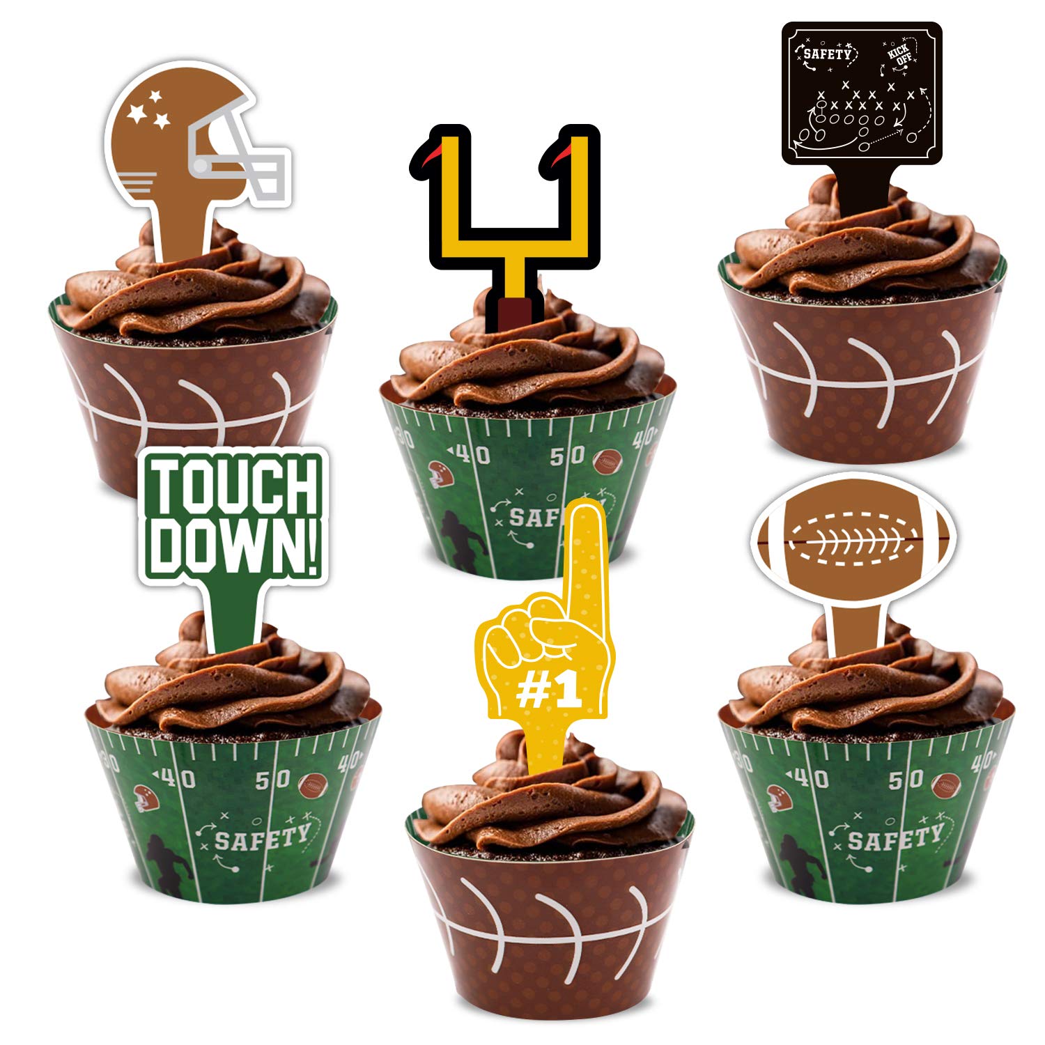 24packs Football Cupcake Toppers and Wrappers Football Theme Birthday Sports Game Day Sunday Party Decoration Supplies