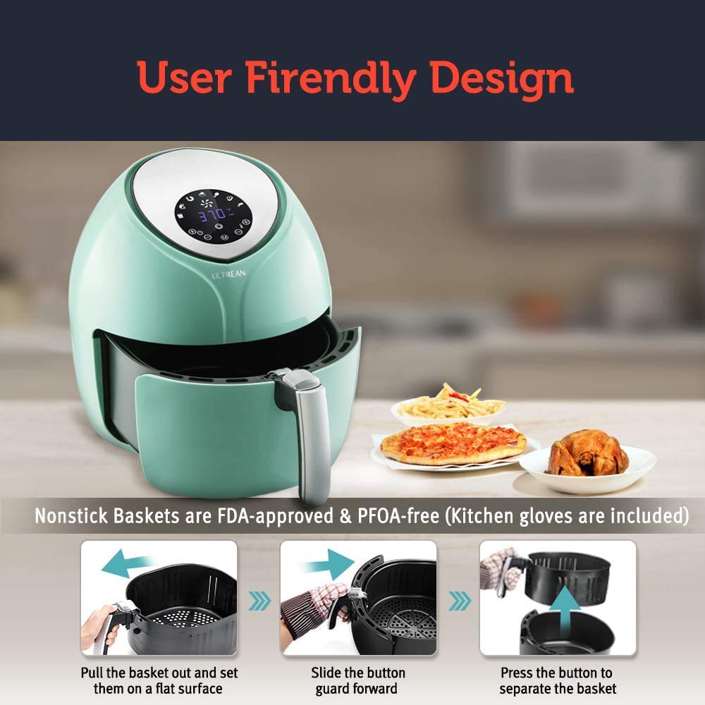 Ultrean Air Fryer 6 Quart, Large Family Size Electric Hot Airfryer XL Oven Oilless Cooker with 7 Presets, LCD Digital Touch Screen and Nonstick Detachable Basket,UL Certified,1700W (Blue)