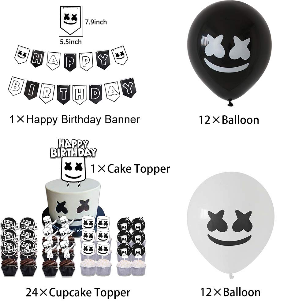 50 Pcs Marshmellow DJ Birthday Party Supplies, DJ Game Party,Ideal for Kids Gamer Fans Gaming Theme Party Decorations Favors,1Banner,24 Cupcake Topper,1 Cake Topper,24 Balloons