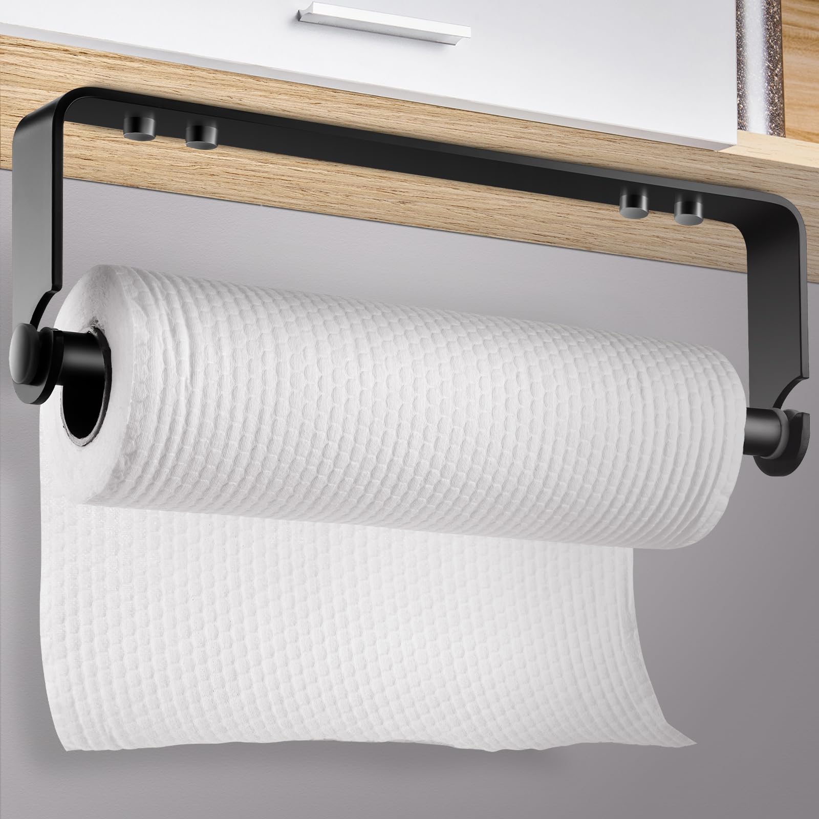 QZNA Paper Towel Holder Self Adhesive & Wall Mount Dispenser Kitchen Tissue Towel Holder Stand Under Cabinet Strong Mounting Removable Wall Tape Black