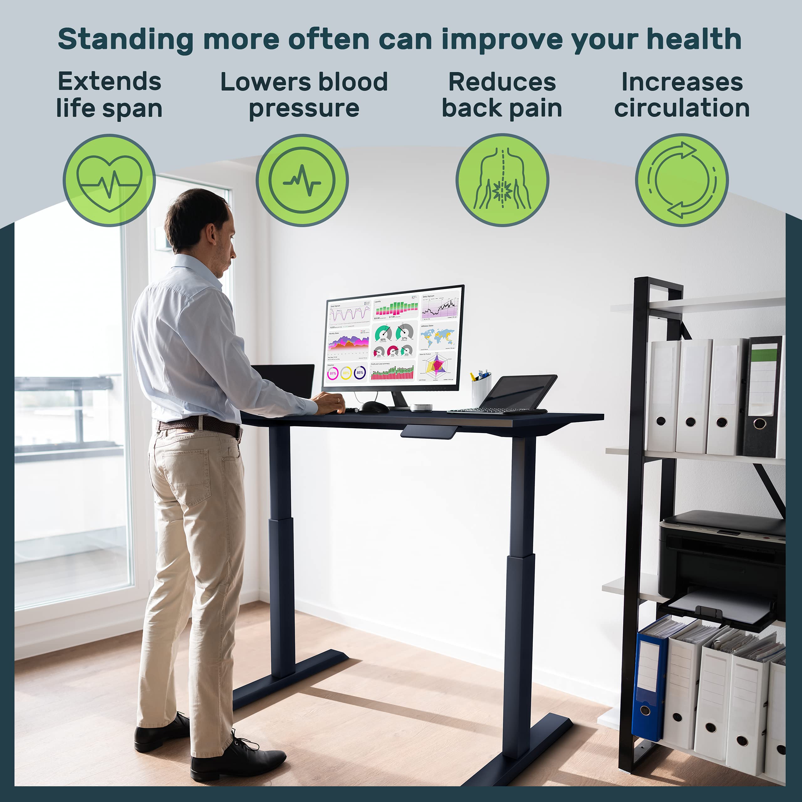 TechOrbits Electric Standing Desk Frame with 47 x 24 Tabletop - Motorized Workstation Two Leg Stand Up Desk with Memory Settings and Telescopic Sit Stand Height Adjustment (Grey Frame/White Top)