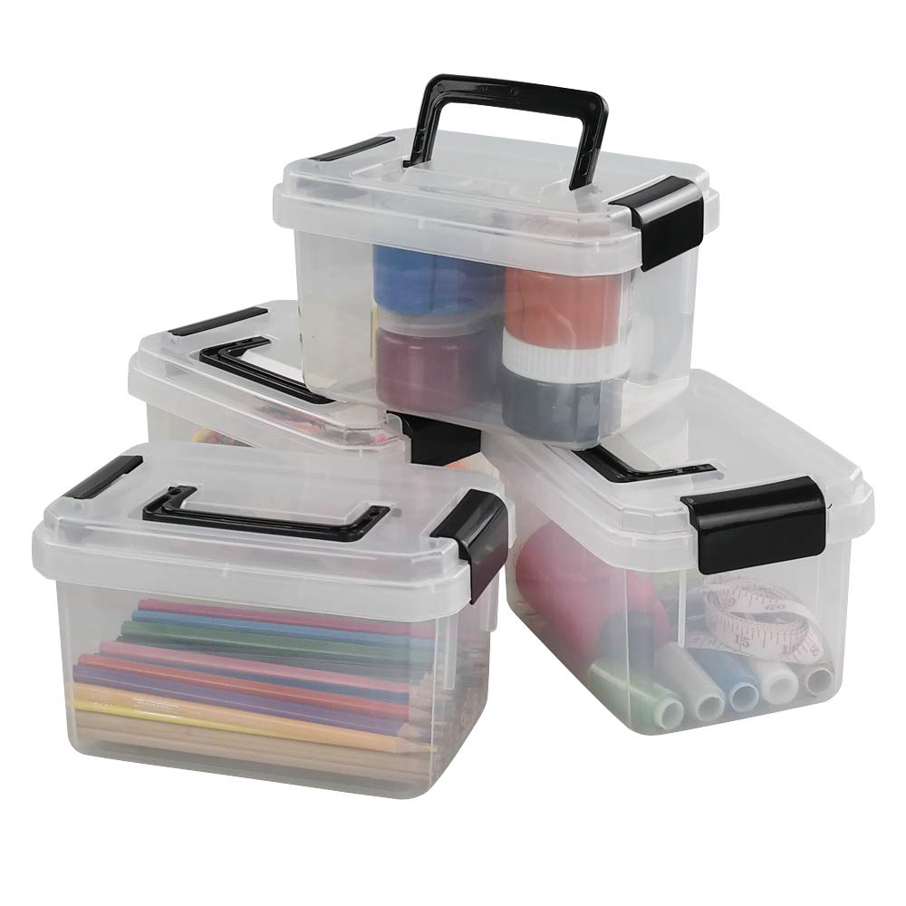 CadineUS Mini Clear Storage Bins with Lids, 2 Liter Plastic Boxes, Set of 4