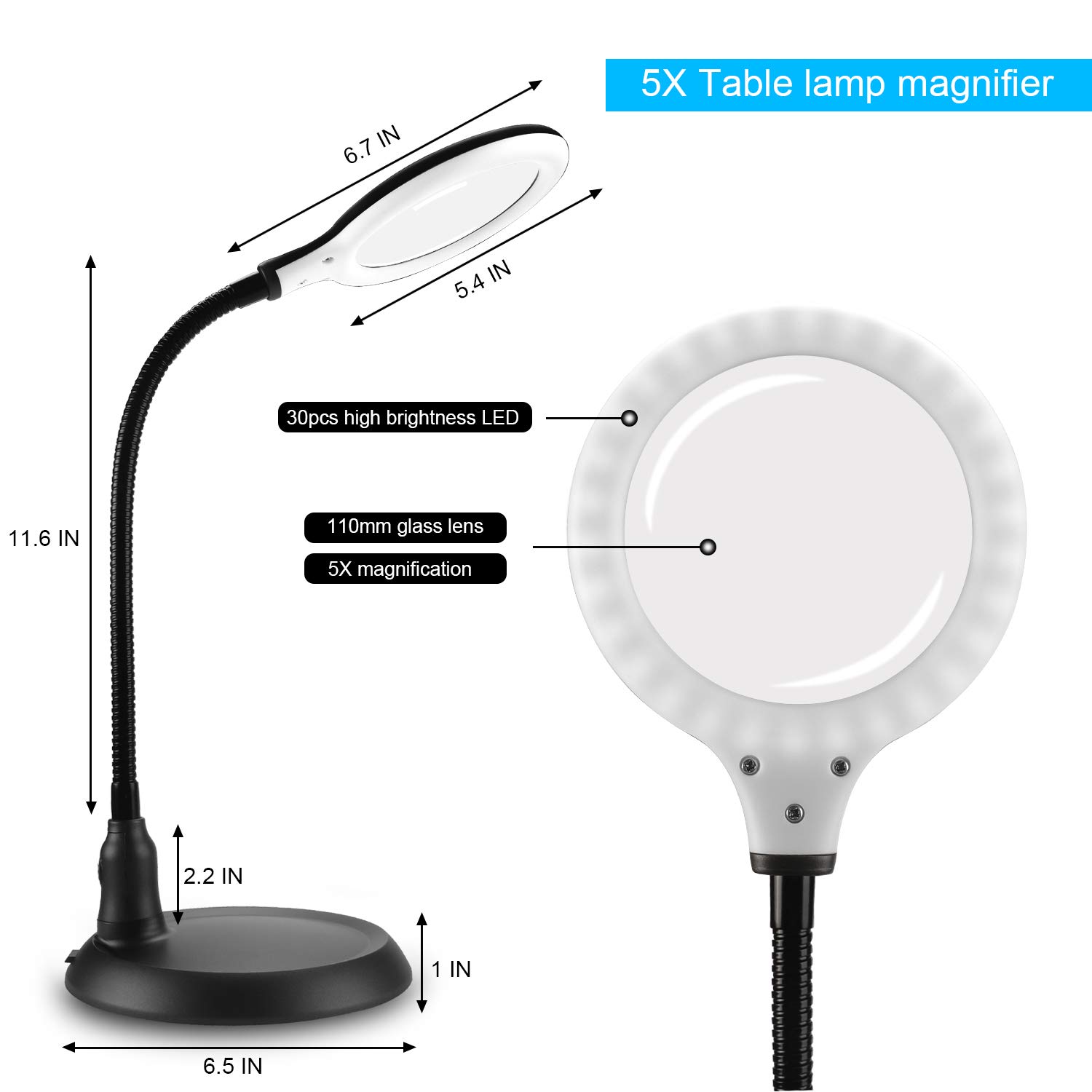 nomiou Magnifying Glass Lamp,5X Magnifier LED Light and Flexible Neck,Magnifying Lamp USB Powered,Perfect for Reading,Hobbies,Task Crafts or Workbench