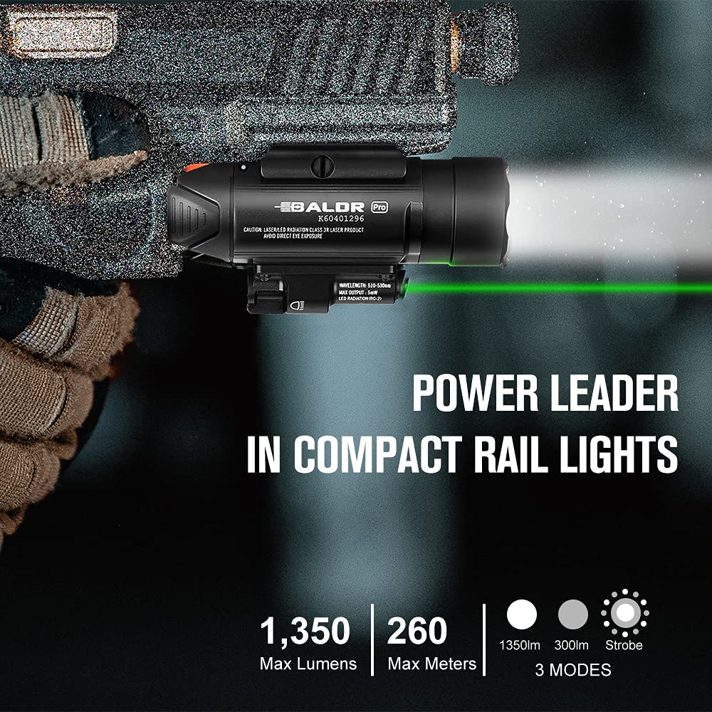 OLIGHT Baldr Pro 1350 Lumens Tactical Weaponlight with Green Light and White LED, 260 Meters Beam Distance Compatible with 1913 or GL Rail, Batteries Included(Black)