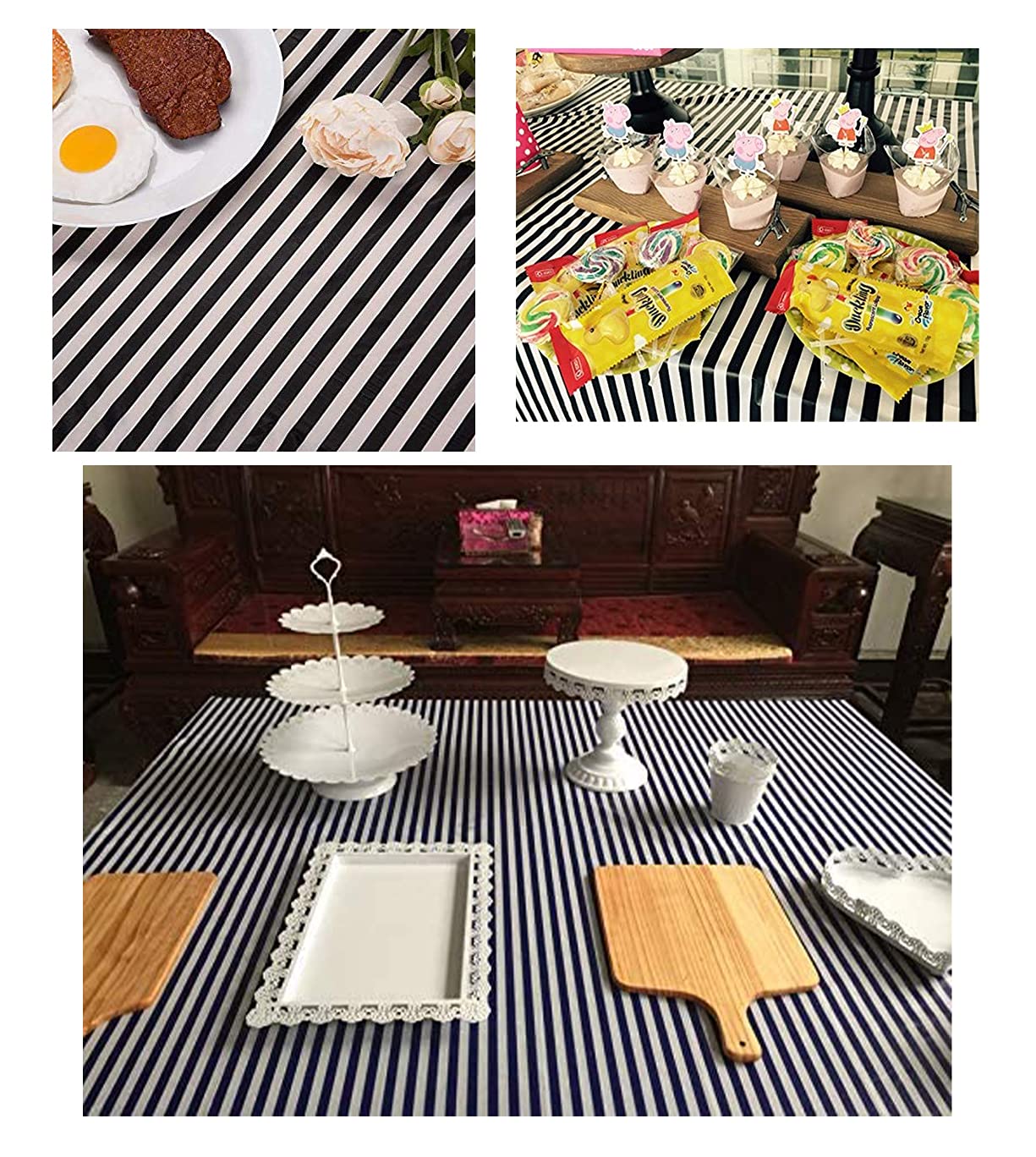 2 Pcs Disposable Black White Stripe Plastic Tablecloth, 108 Inch x 54 Inch Ractangle Tablecover, for Party, Dance and Picnic (2pcs- Black White Stripe)