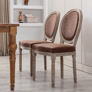 Kmax Farmhouse Dining Room Chairs, French Distressed Bedroom Chairs with Round Back, Brown Wood Legs Elegant Tufted Kitchen Chairs, Set of 2, Gray