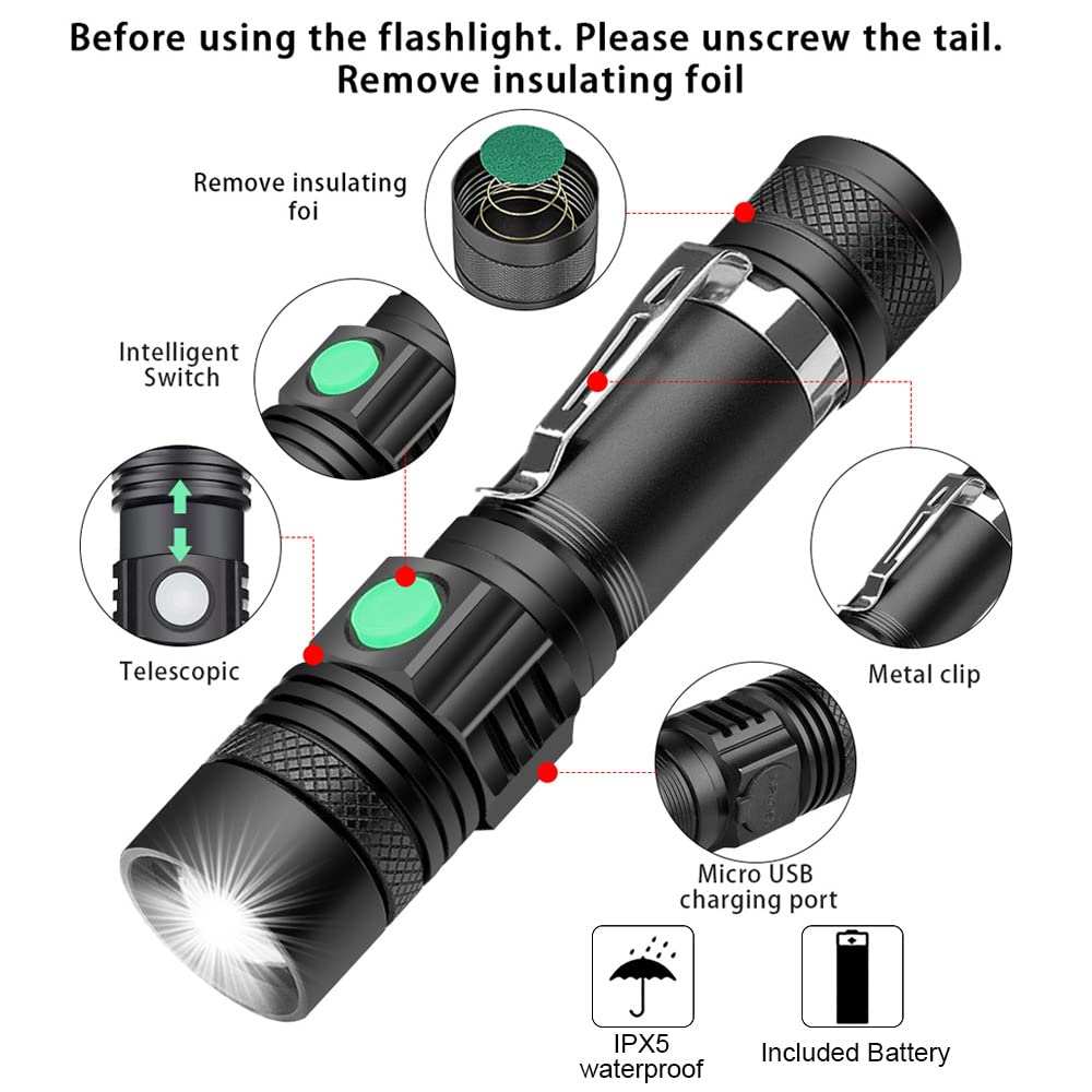 iToncs Rechargeable Flashlight, Pocket-Sized Torch with Super Bright 1200 Lumens T6 LED, Water Resistant, Zoomable, LED Tactical Flashlights with Clip, 4 Modes for Camping Hiking and Emergency(2 Pack)