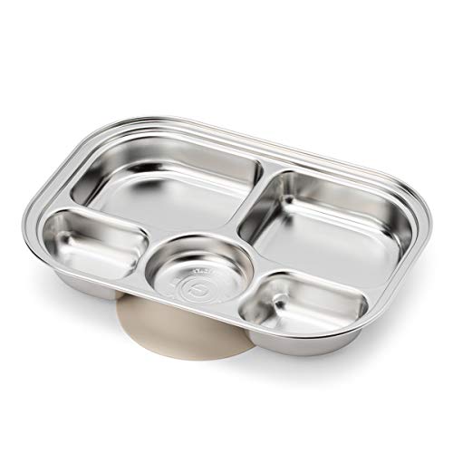 Grosmimi Eco Friendly 304 Stainless Steel Toddler Kid Feeding Divided Plate (5-Section+ Silicone Suction)