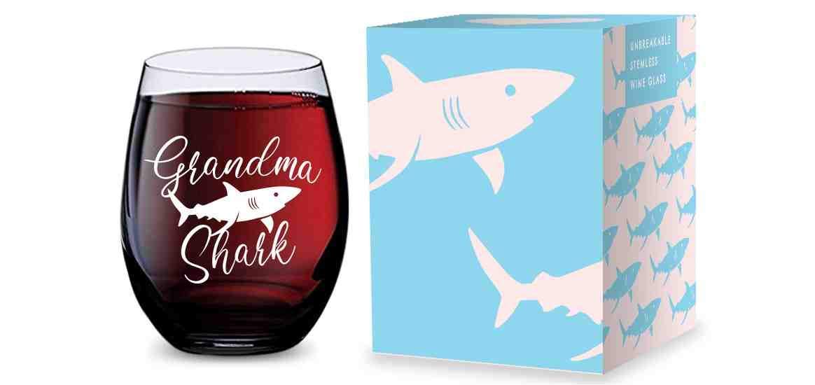 Stemless Wine Glass (Grandma Shark) Made of Unbreakable Tritan Plastic - 16 ounces