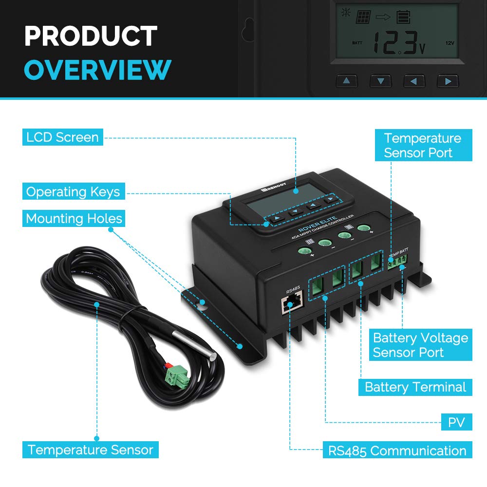 Renogy 40A 12V/24V Auto MPPT Solar Charge Controller with LCD Backlit Display w/ Temp Sensor Fit for Gel Sealed Flooded and Lithium Battery, Rover Elite 40A