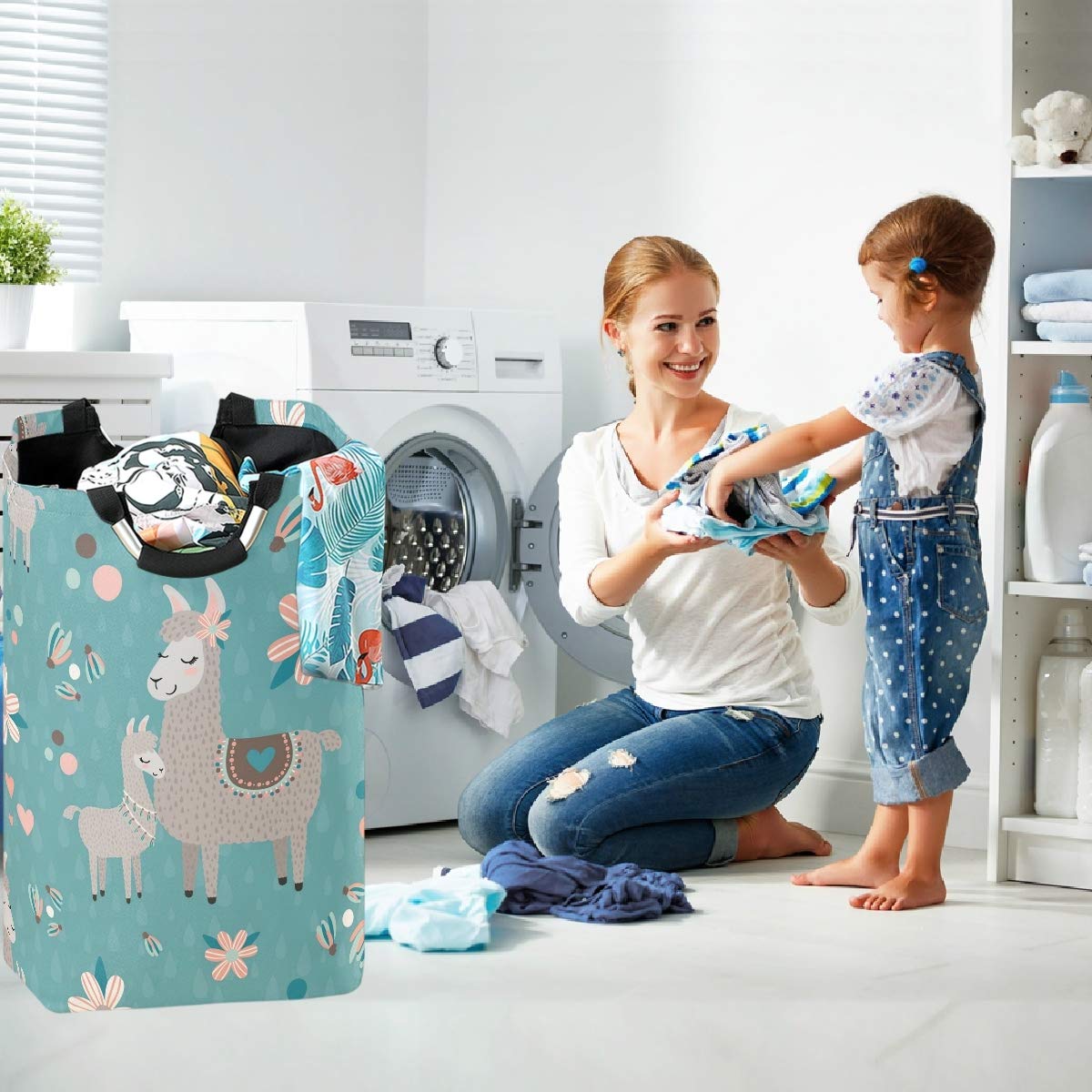 visesunny Grey Llama Mother and Baby Flower Large Capacity Laundry Hamper Basket Water-Resistant Oxford Cloth Storage Baskets for Bedroom, Bathroom, Dorm, Kids Room