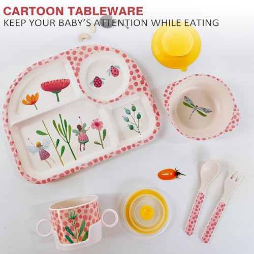 shopwithgreen 7Pcs/Set Bamboo Kids Dinnerware Set - Children Dishes - Food Plate Bowl Cup Spoon Fork Set Dishware, Cartoon Tableware, Dishwasher Safe Kids Healthy Mealtime, BPA Free