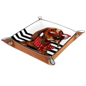dachshund dog in sunglasses polka dots neck scarf stripes leather tray dice box bedside tray key watches and candy holder sundries entryway tray,20.5x20.5cm