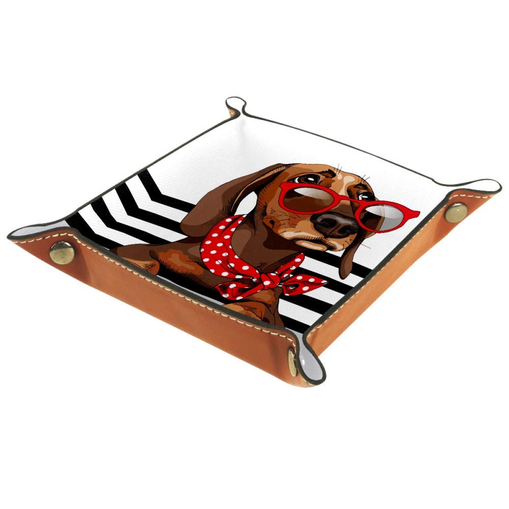 Dachshund Dog in Sunglasses Polka Dots Neck Scarf Stripes Leather Tray Dice Box Bedside Tray Key Watches and Candy Holder Sundries Entryway Tray,20.5x20.5cm