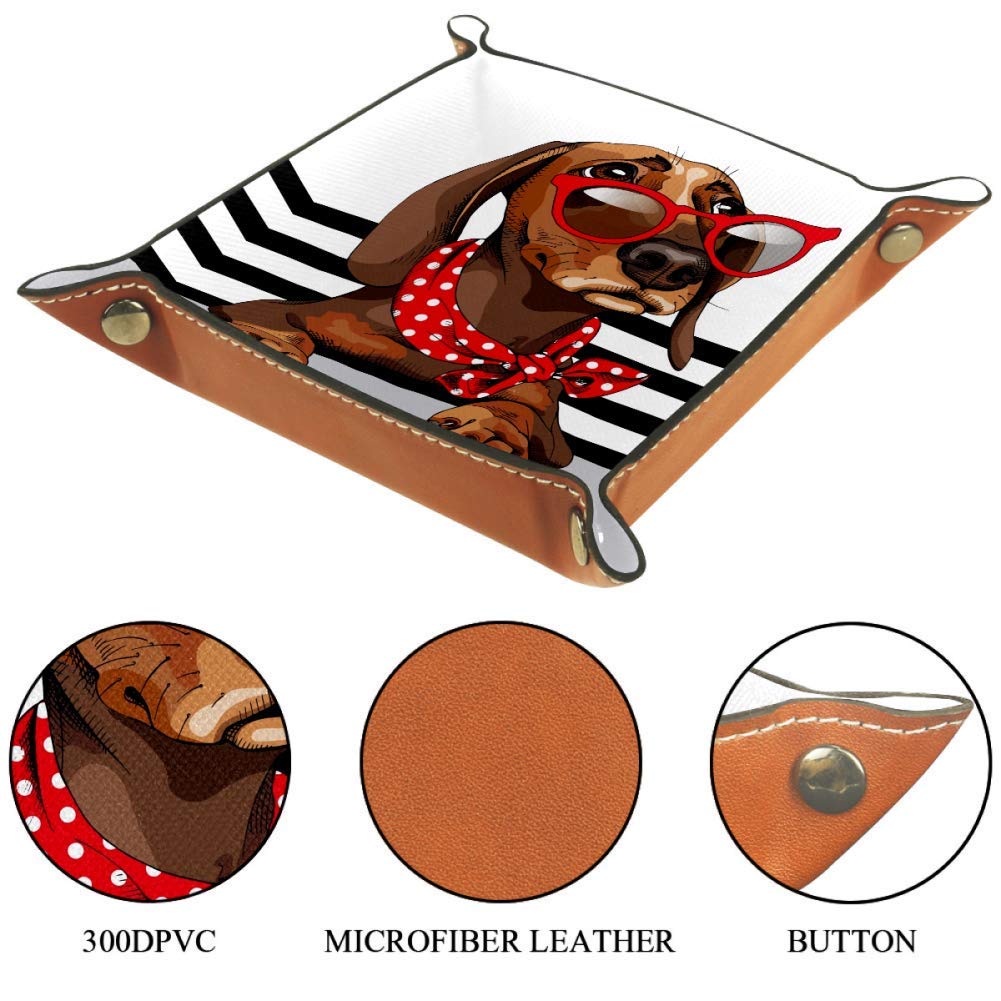 Dachshund Dog in Sunglasses Polka Dots Neck Scarf Stripes Leather Tray Dice Box Bedside Tray Key Watches and Candy Holder Sundries Entryway Tray,20.5x20.5cm