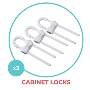 Toddleroo by North States Sliding Cabinet Locks | Keep Side by Side cabinets Safely and securely Closed | Works on Cabinet Handles up to 4.5" Apart | Baby proofing with Confidence (3-Pack, White)