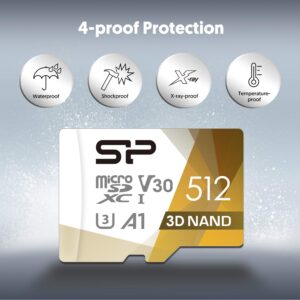 Silicon Power 512GB Micro SD Card U3 V30 SDXC Memory Card with Adapter for Nintendo-Switch and Drone