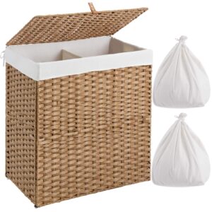 greenstell laundry hamper with lid, no install needed, 110l wicker laundry baskets foldable 2 removable liner bags, 2 section clothes hamper handwoven rattan laundry basket with handles, natural