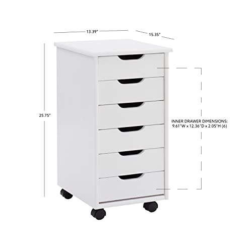 Linon Home Decor Products Corinne Six Drawer Storage, White Wash Rolling Cart