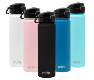 mira stainless steel water bottle - hydro vacuum insulated metal thermos flask keeps cold for 24 hours, hot for 12 hours - bpa-free one touch spout lid cap - 24 oz (710 ml) black