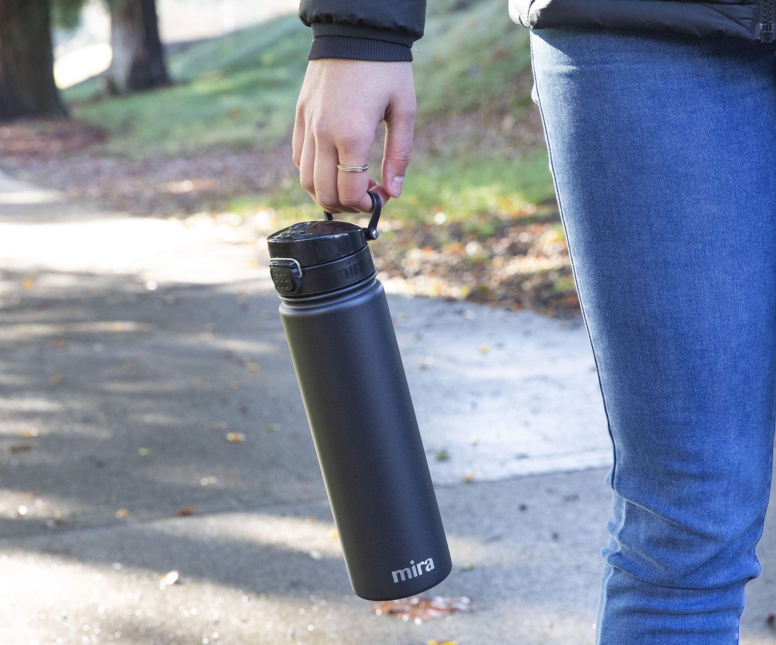 MIRA Stainless Steel Water Bottle - Hydro Vacuum Insulated Metal Thermos Flask Keeps Cold for 24 Hours, Hot for 12 Hours - BPA-Free One Touch Spout Lid Cap - 24 oz (710 ml) Black