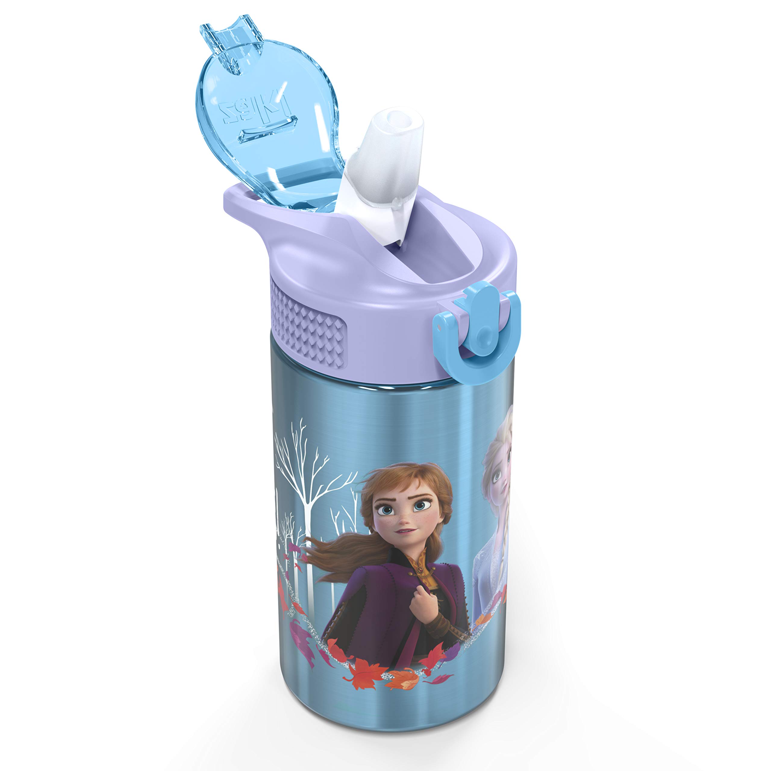 Zak Designs Frozen II 15.5oz Stainless Steel Kids Water Bottle with Flip-up Straw Spout - BPA Free Durable Design, (Elsa And Anna) (FRZA-S730-C)