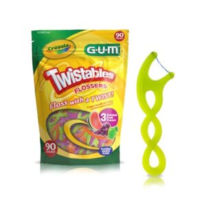 gum crayola twistables kids flossers with fluoride - designed for little hands - three fun fruit flavors - easy to use kids floss picks for children ages 3+, 90 ct