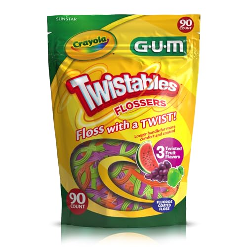 GUM Crayola Twistables Kids Flossers with Fluoride - Designed for Little Hands - Three Fun Fruit Flavors - Easy to Use Kids Floss Picks for Children Ages 3+, 90 ct