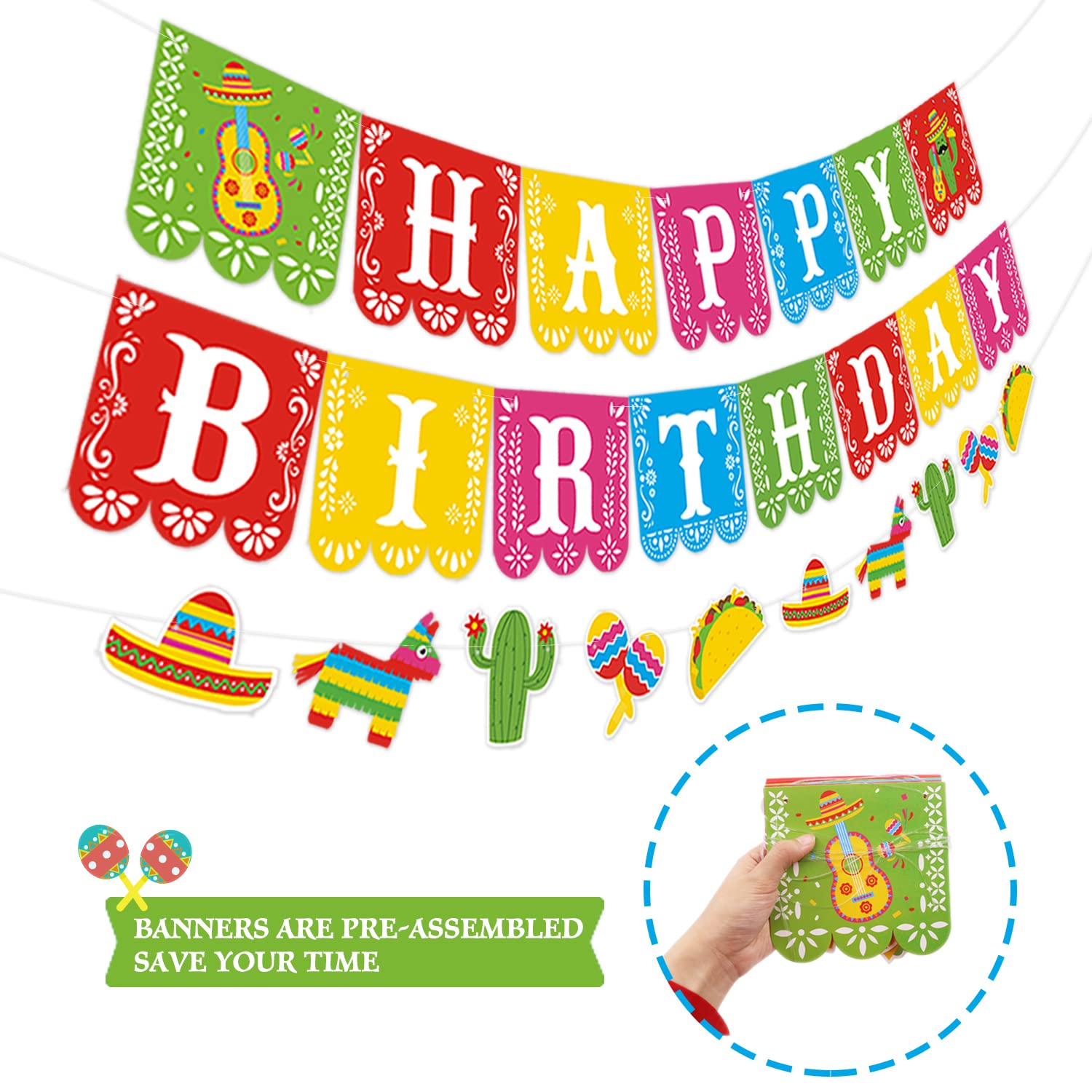 Kitticcino Set of 3 Happy Birthday Banner Mexican Themed Party Backdrops Decorations