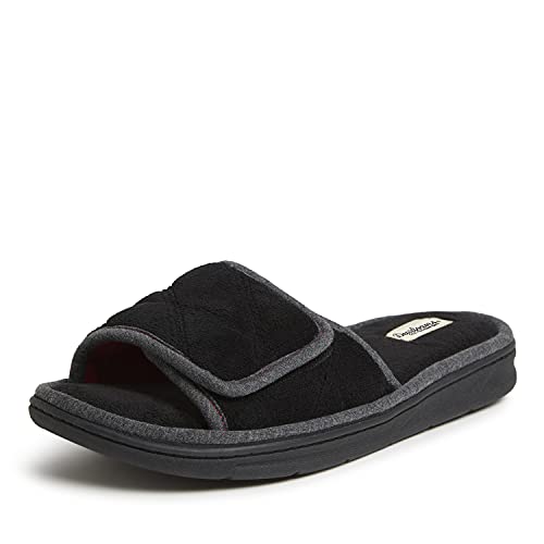 Dearfoams Men's Indoor/Outdoor Adjustable Machine Washable Memory Foam Terry Slide Slipper, Black (Quilted), 11-12