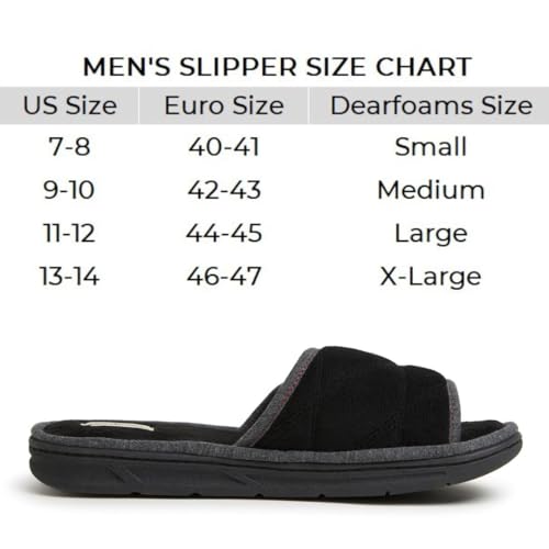 Dearfoams Men's Indoor/Outdoor Adjustable Machine Washable Memory Foam Terry Slide Slipper, Black (Quilted), 11-12