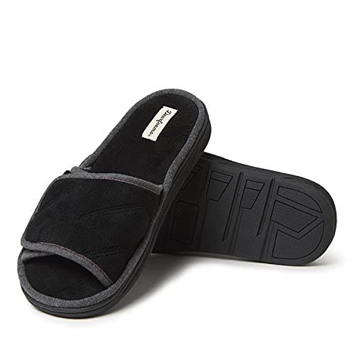 Dearfoams Men's Indoor/Outdoor Adjustable Machine Washable Memory Foam Terry Slide Slipper, Black (Quilted), 11-12