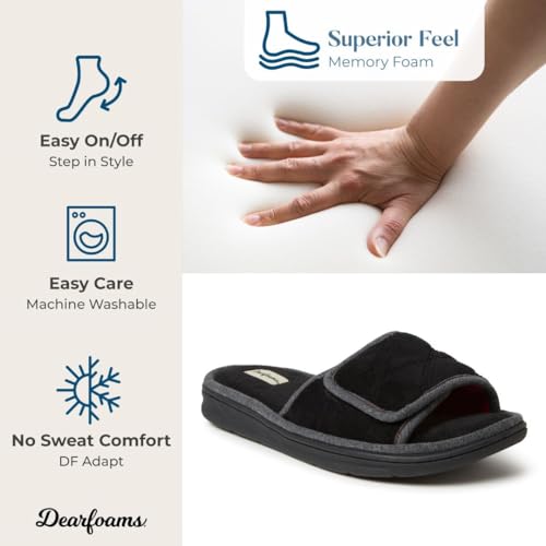 Dearfoams Men's Indoor/Outdoor Adjustable Machine Washable Memory Foam Terry Slide Slipper, Black (Quilted), 11-12