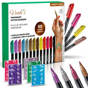 vanli's temporary tattoo markers - stocking stuffers for teens, kids, adults, trendy body marker, skin safe & colored ink tattoo pens for body & face art with 50 tattoo stencil papers, 13 pens-variety